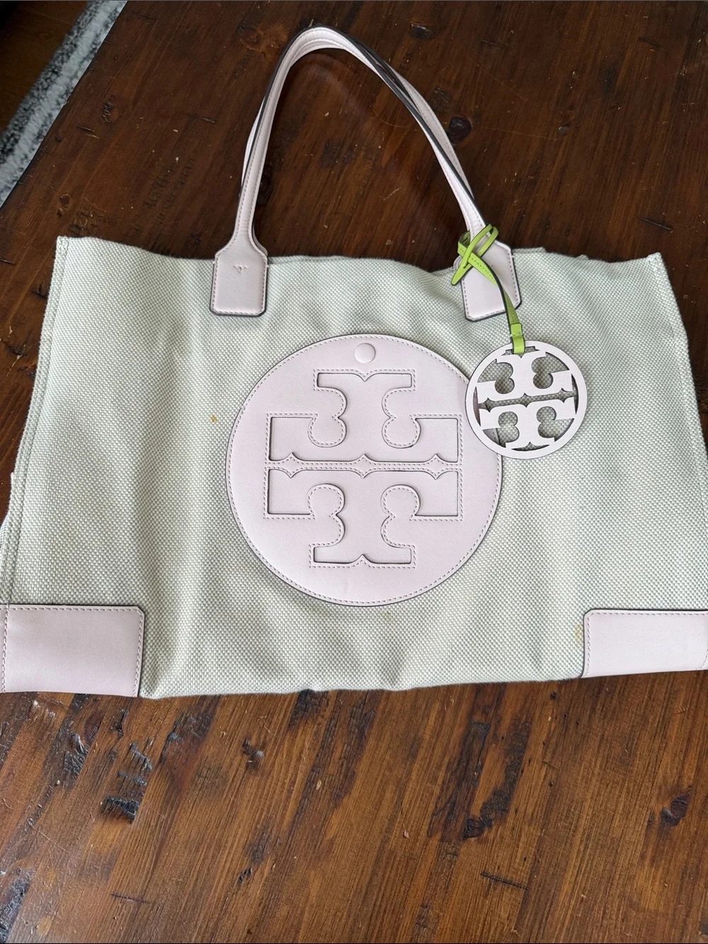 Tory Burch Mint Canvas Tote with Pale Pink Logo Accent